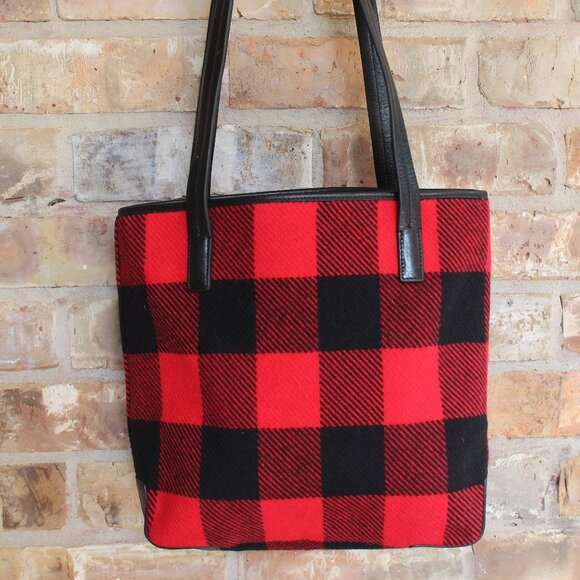 Pendleton 100% Wool / Leather Buffalo Plaid Tote Bag Shoulder Purse - Picture 3 of 15